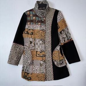 Zashi Women's Black & Beige Abstract Patchwork Jacket Long Sleeves Collar Small